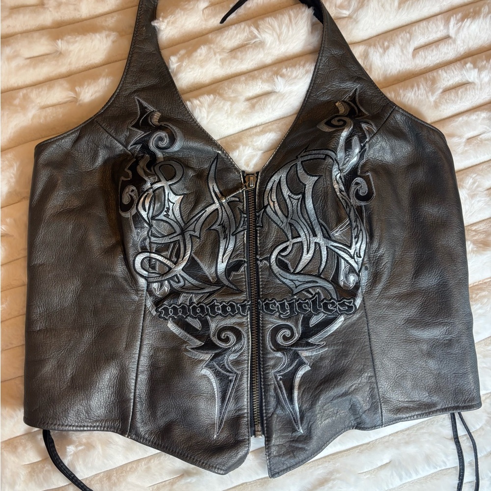 Harley-Davidson Black Leather Halter Zip-Front Vest with Silver Tribal Graphics